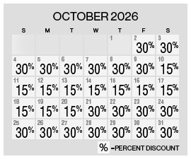 Image of discount rate calendar for Grand Sierra Resort Fall Resort Getaway Sale in October 2026.