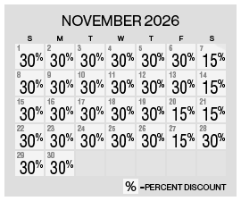 Image of discount rate calendar for Grand Sierra Resort Fall Resort Getaway Sale in November 2026.