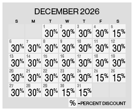 Image of discount rate calendar for Grand Sierra Resort Fall Resort Getaway Sale in December 2026.