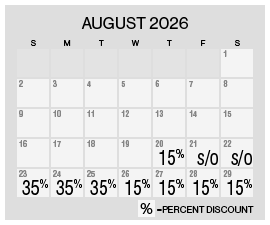 Image of discount rate calendar for Grand Sierra Resort Summer Resort Getaway Sale in August 2026.