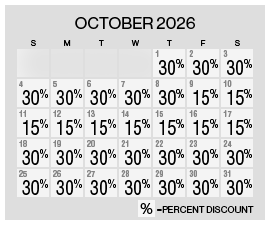 Image of discount rate calendar for Grand Sierra Resort Summer Resort Getaway Sale in October 2026.
