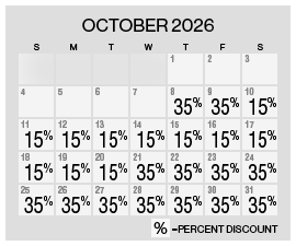 Image of discount rate calendar for Grand Sierra Resort Year-End Flash Sale in October 2026.