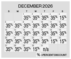 Image of discount rate calendar for Grand Sierra Resort Year-End Flash Sale in December 2026.